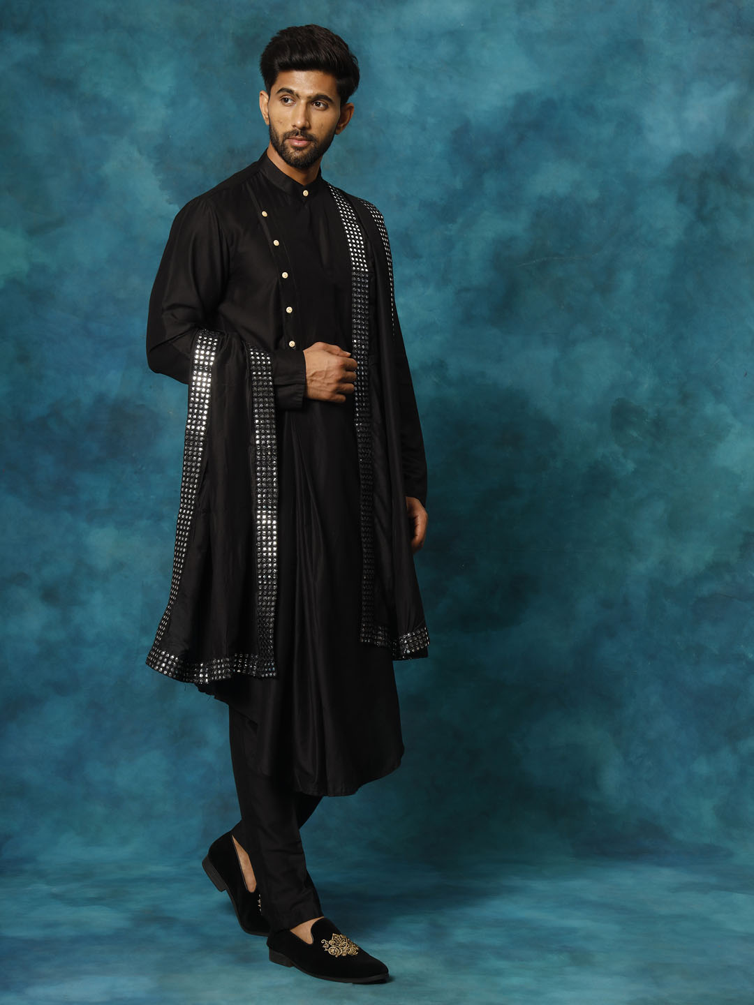 Sarvati Men's Black Pleated Kurta Pant With Dupatta Set