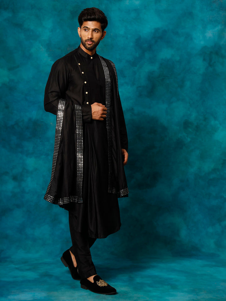 Sarvati Men's Black Pleated Kurta Pant With Dupatta Set