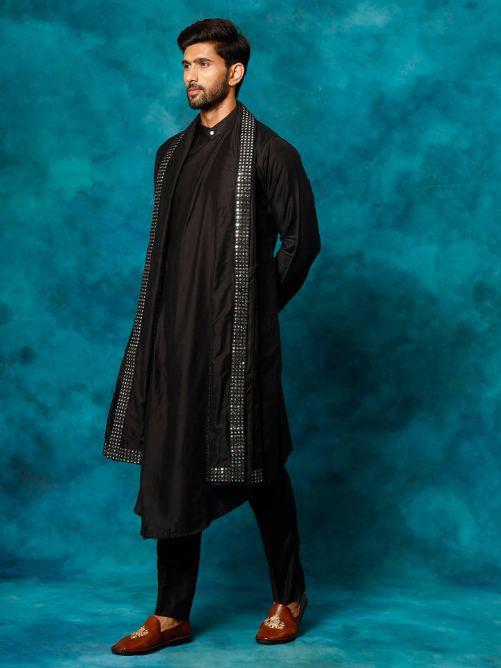 Sarvati Men's Black Pleated Kurta Pant With Dupatta Set