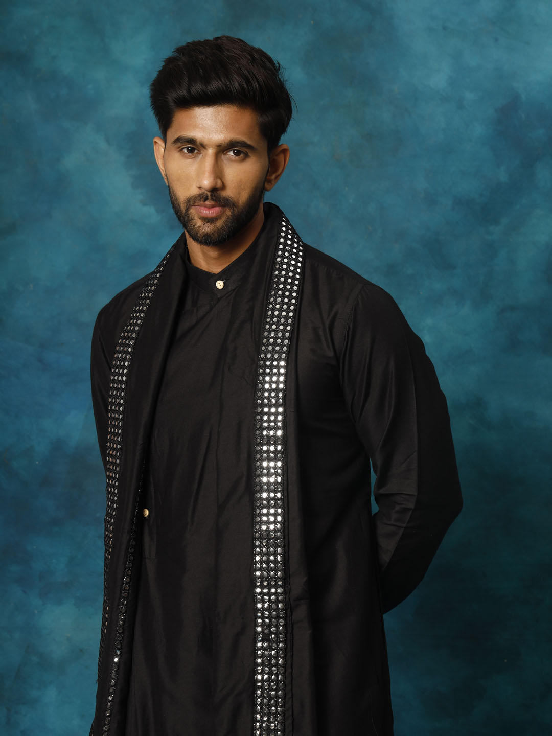 Sarvati Men's Black Pleated Kurta Pant With Dupatta Set