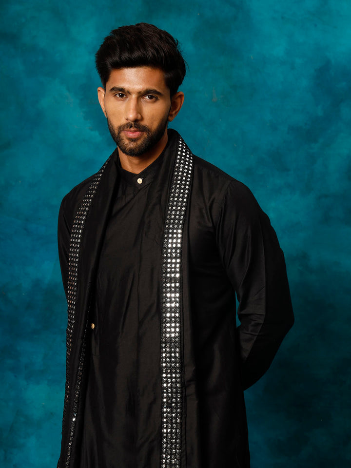 Sarvati Men's Black Pleated Kurta Pant With Dupatta Set