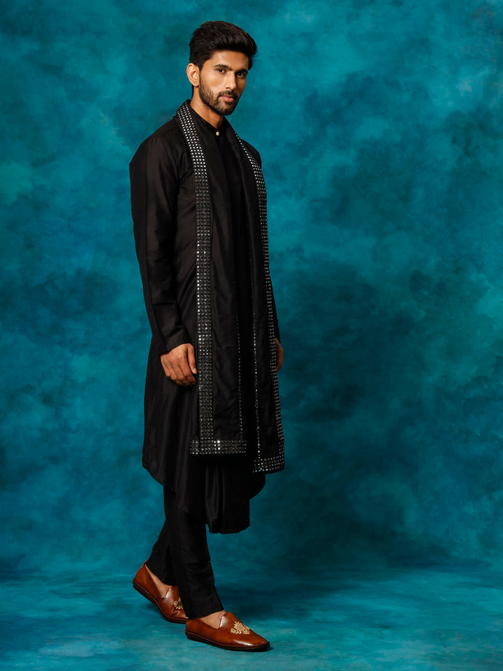 Sarvati Men's Black Pleated Kurta Pant With Dupatta Set