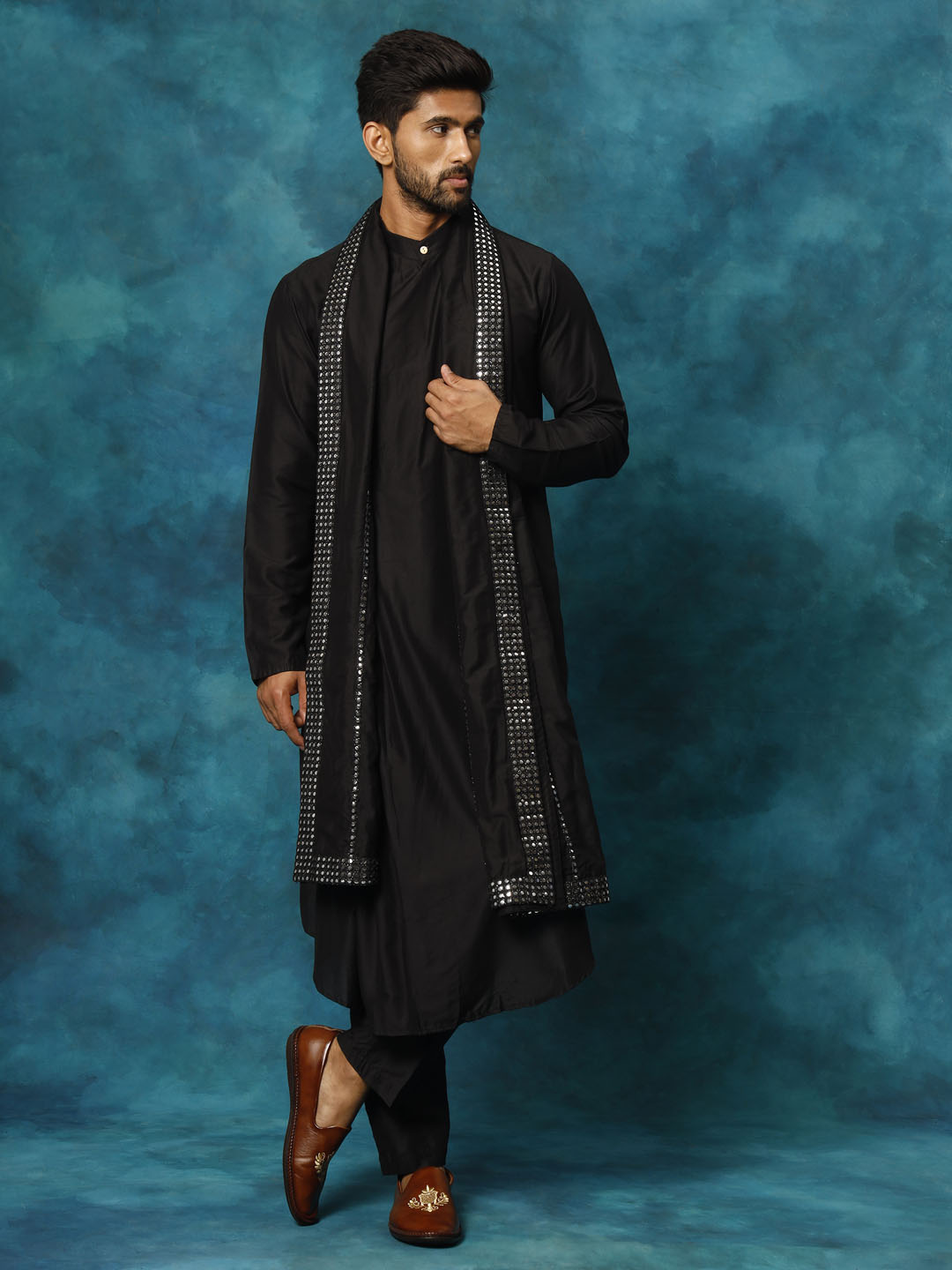 Sarvati Men's Black Pleated Kurta Pant With Dupatta Set