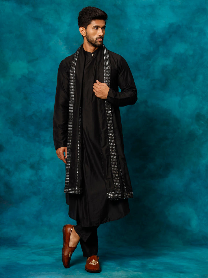 Sarvati Men's Black Pleated Kurta Pant With Dupatta Set