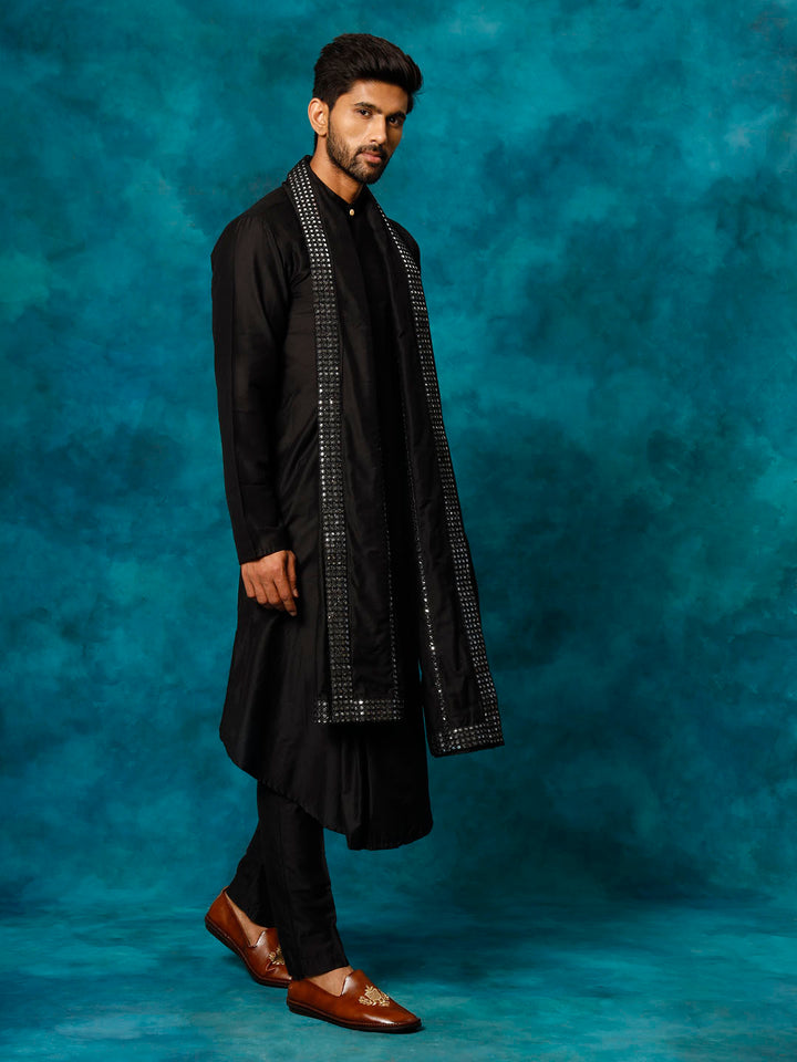 Sarvati Men's Black Pleated Kurta Pant With Dupatta Set