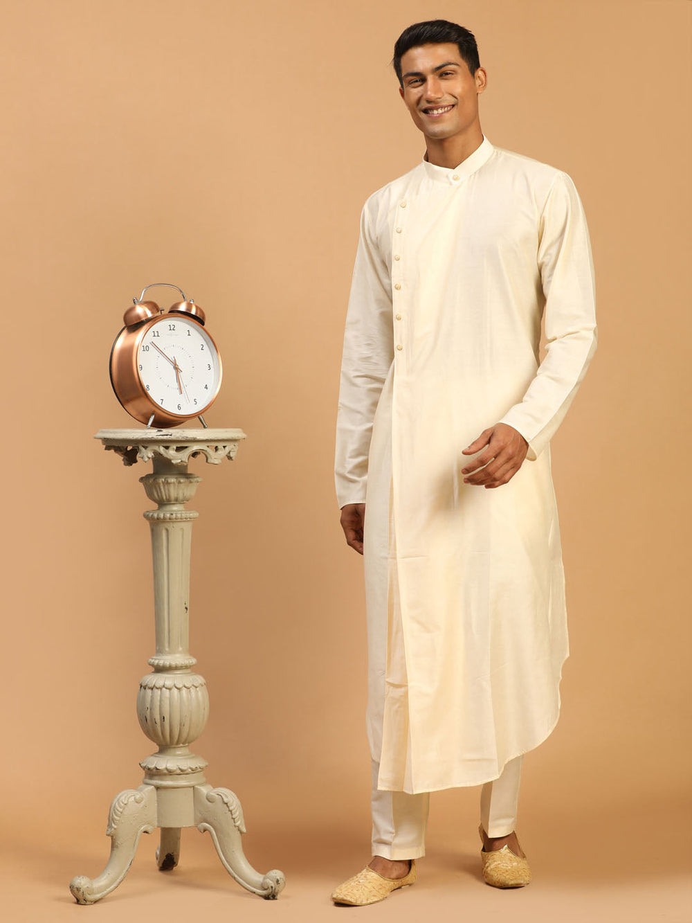 Sarvati Men's Cream Pleated Kurta With Cream Pant Style Pyjama Set