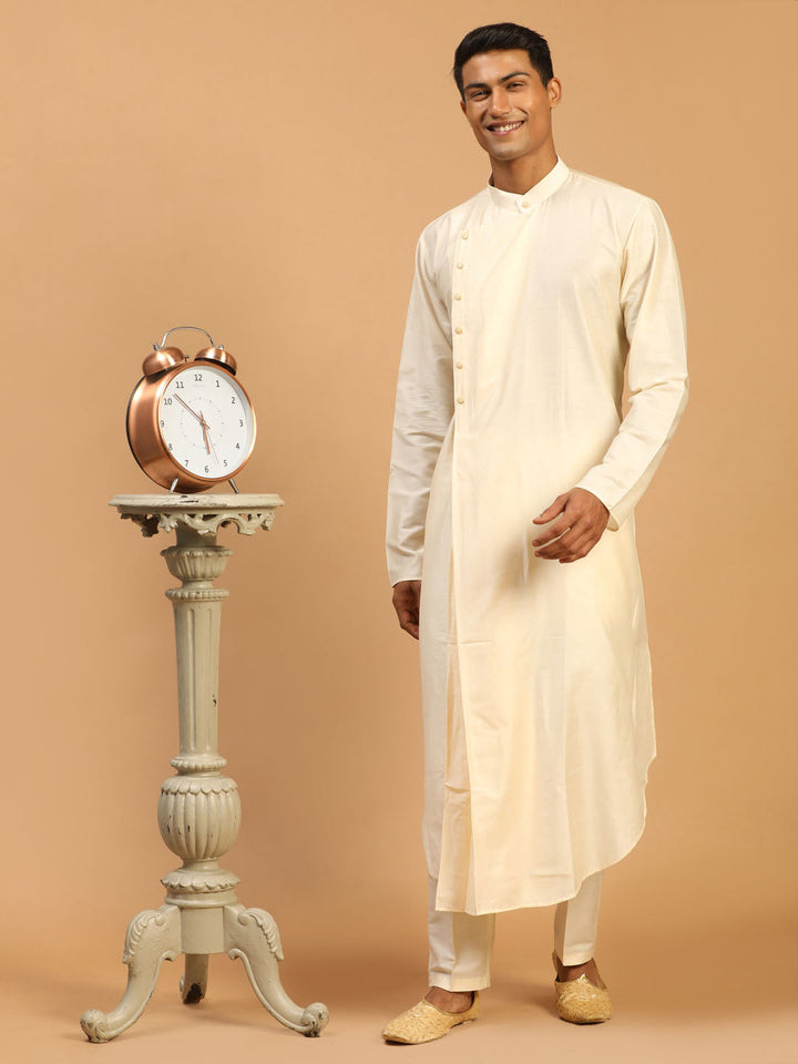 Sarvati Men's Cream Pleated Kurta With Cream Pant Style Pyjama Set