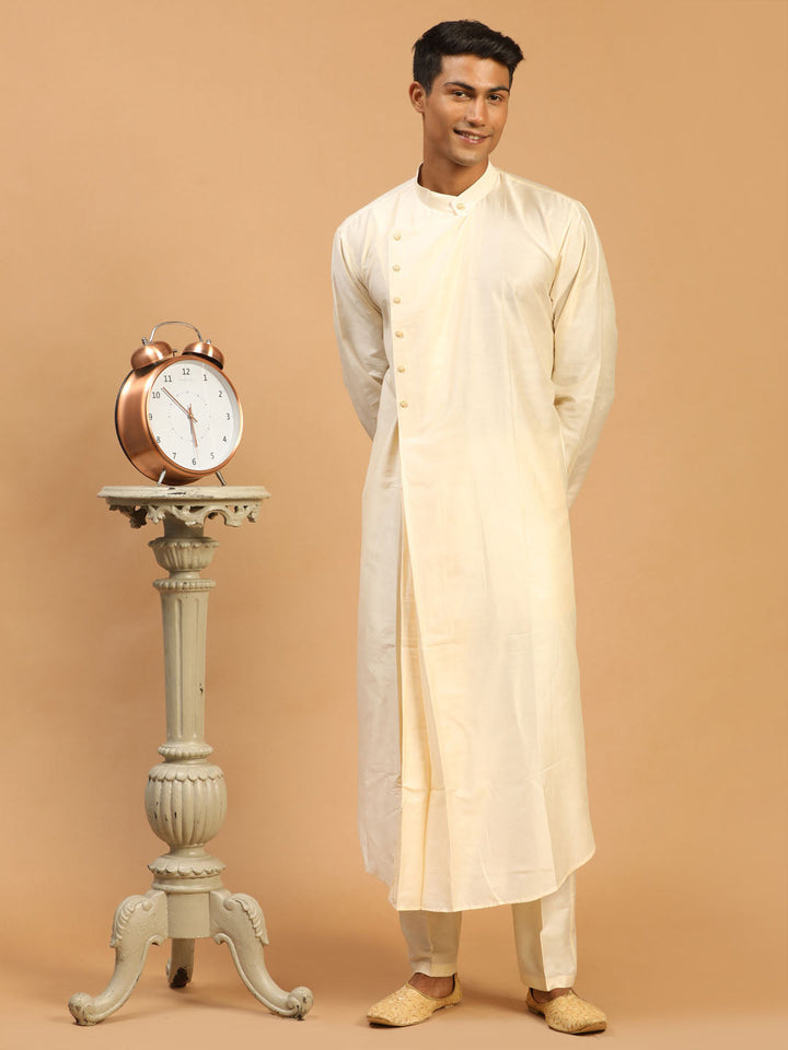 Sarvati Men's Cream Pleated Kurta With Cream Pant Style Pyjama Set