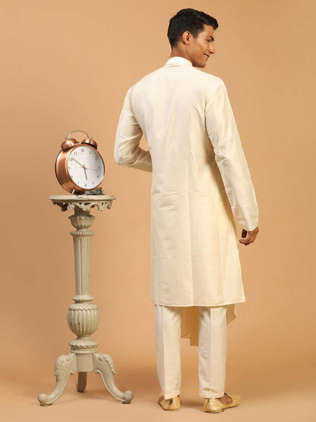 Sarvati Men's Cream Pleated Kurta With Cream Pant Style Pyjama Set