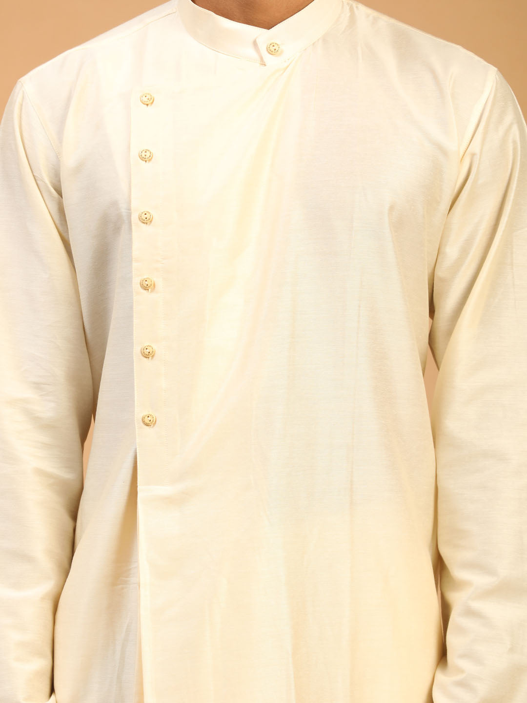 Sarvati Men's Cream Pleated Kurta With Cream Pant Style Pyjama Set