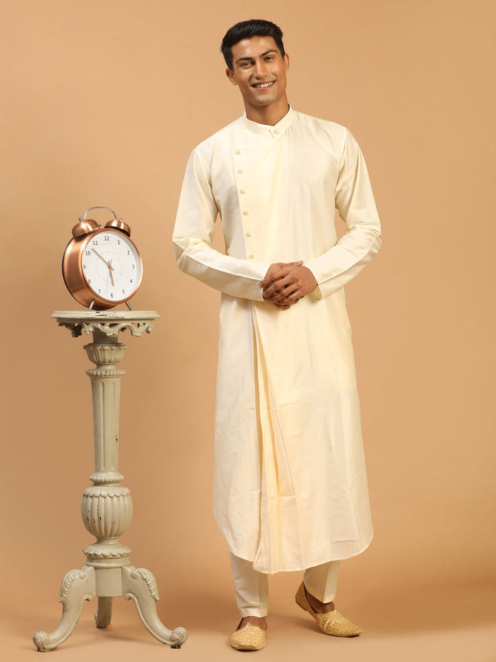 Sarvati Men's Cream Pleated Kurta With Cream Pant Style Pyjama Set