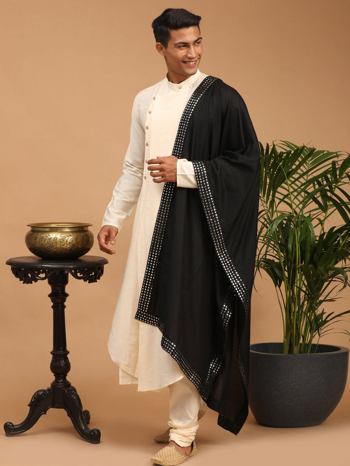 Sarvati Men's Cream Pleated Kurta And Churidar Set With Black Mirror Dupatta