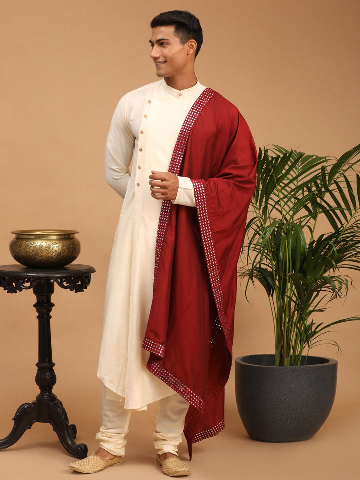 Sarvati Men's Cream Pleated Kurta And Churidar Set With Maroon Mirror Dupatta