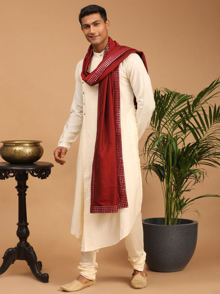 Sarvati Men's Cream Pleated Kurta And Churidar Set With Maroon Mirror Dupatta