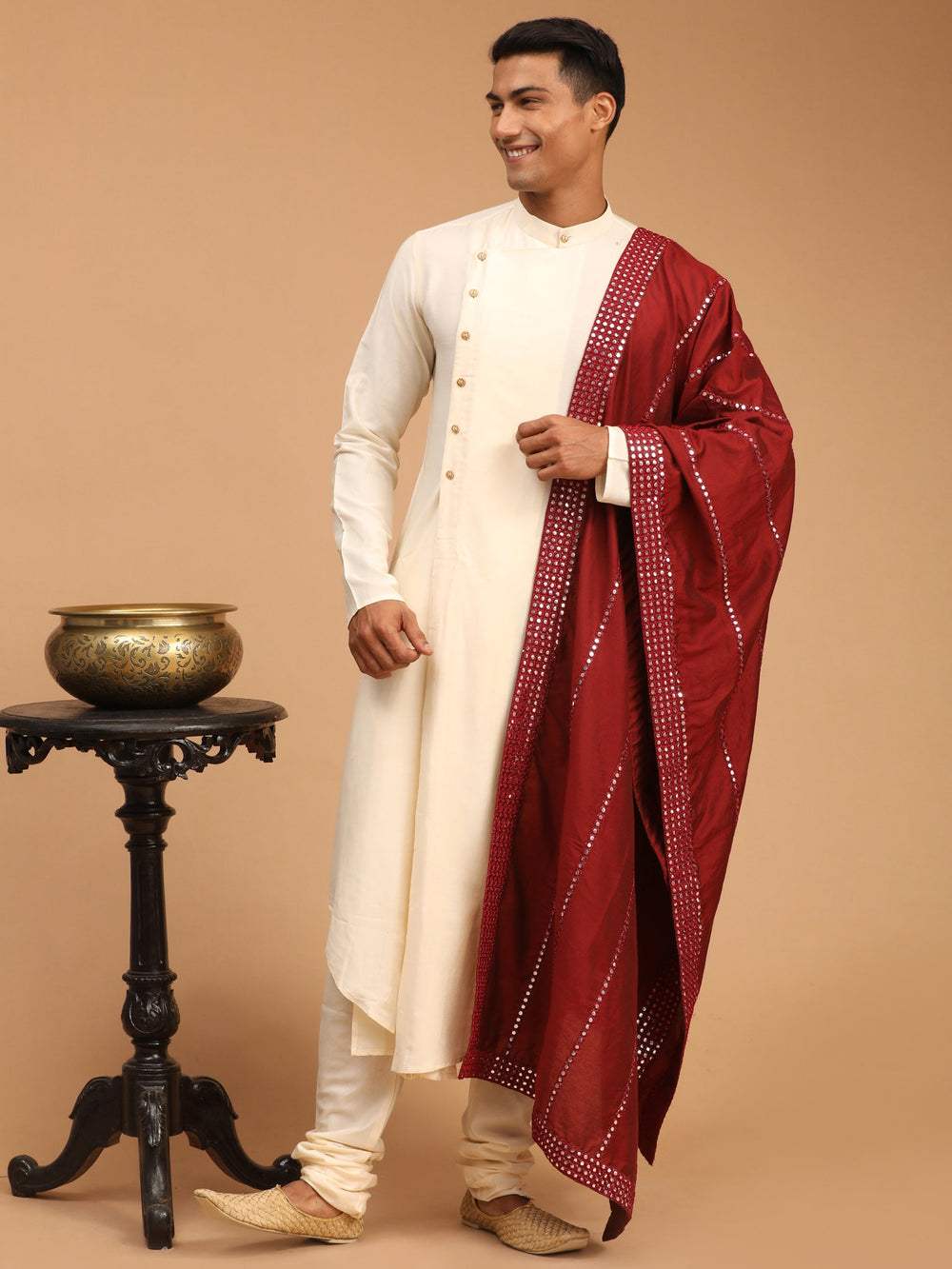 Sarvati Men's Cream Pleated Kurta And Churidar Set With Maroon Vertical Mirror Dupatta