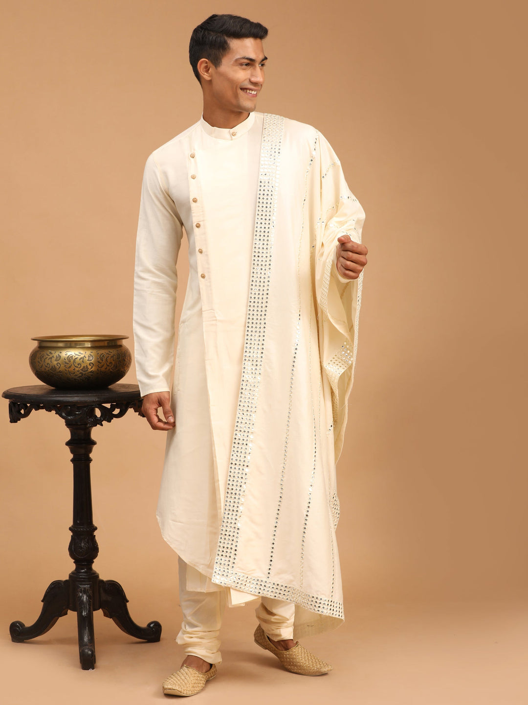 Sarvati Men's Cream Pleated Kurta And Churidar Set With Cream Vertical Mirror Dupatta