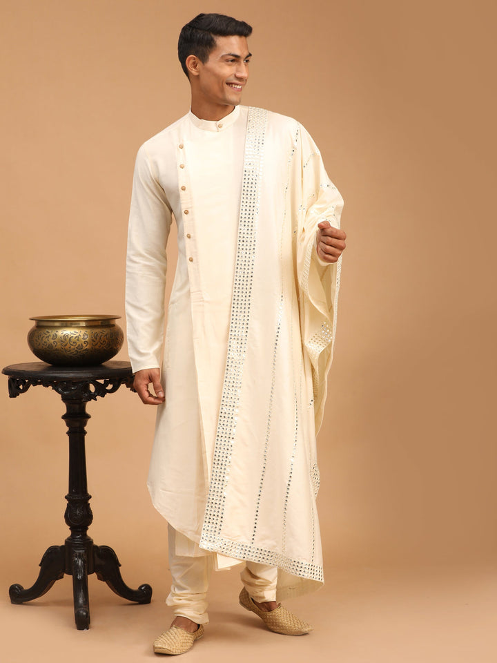 Sarvati Men's Cream Pleated Kurta And Churidar Set With Cream Vertical Mirror Dupatta