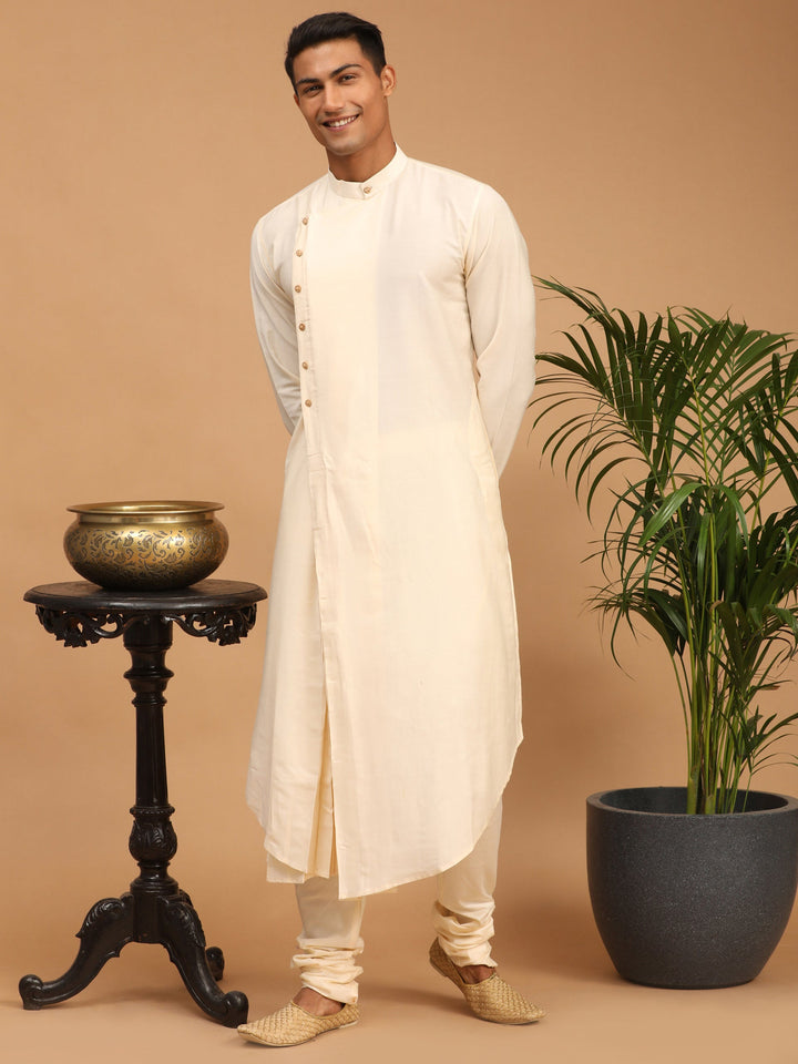 Sarvati Men's Cream Pleated Kurta And Churidar Set With Cream Vertical Mirror Dupatta