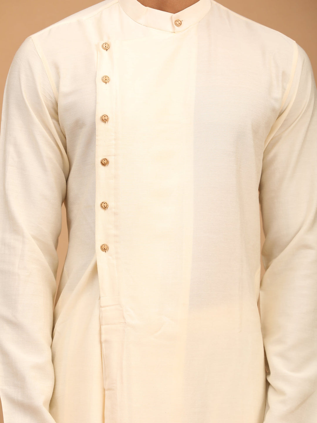 Sarvati Men's Cream Pleated Kurta And Churidar Set With Cream Vertical Mirror Dupatta