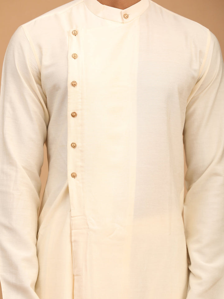 Sarvati Men's Cream Pleated Kurta And Churidar Set With Cream Vertical Mirror Dupatta
