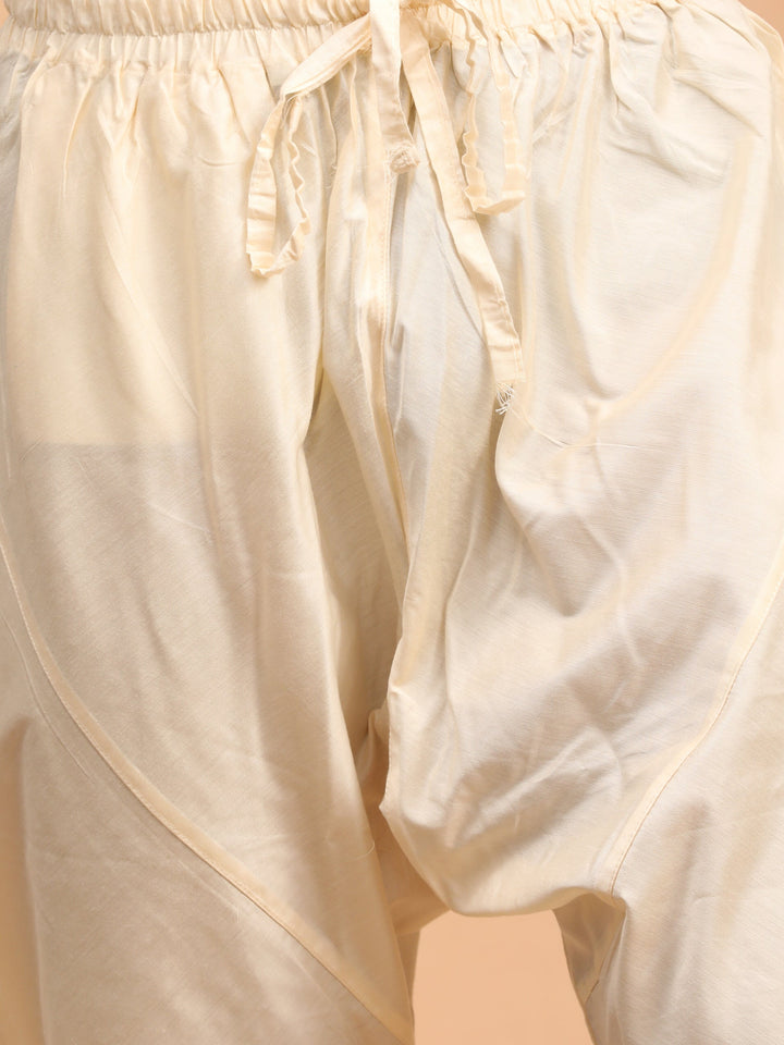 Sarvati Men's Cream Pleated Kurta And Churidar Set With Cream Vertical Mirror Dupatta