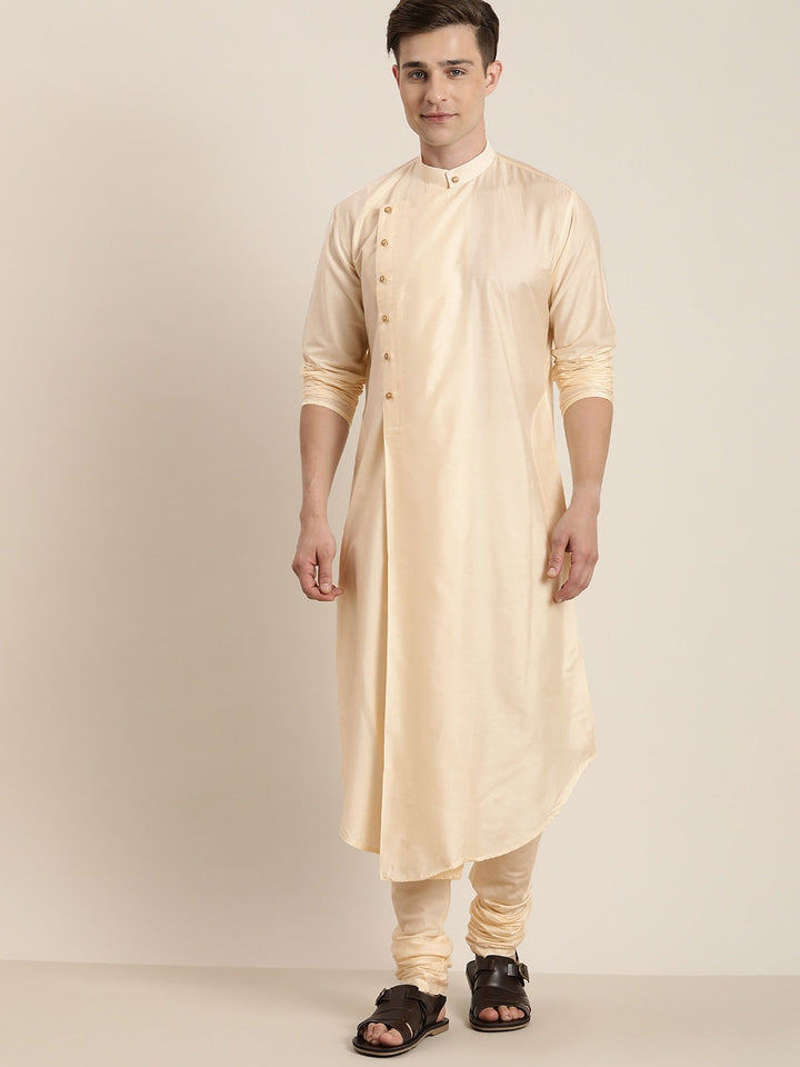 Sarvati Men's Cream Pleated Kurta With Churidar Set