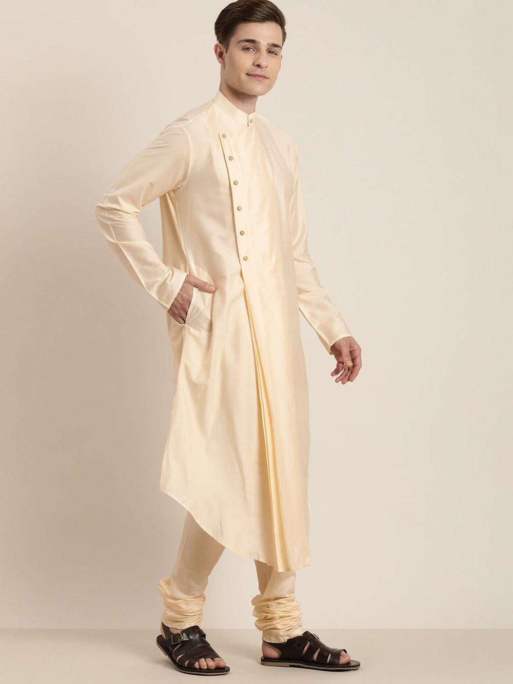 Sarvati Men's Cream Pleated Kurta With Churidar Set