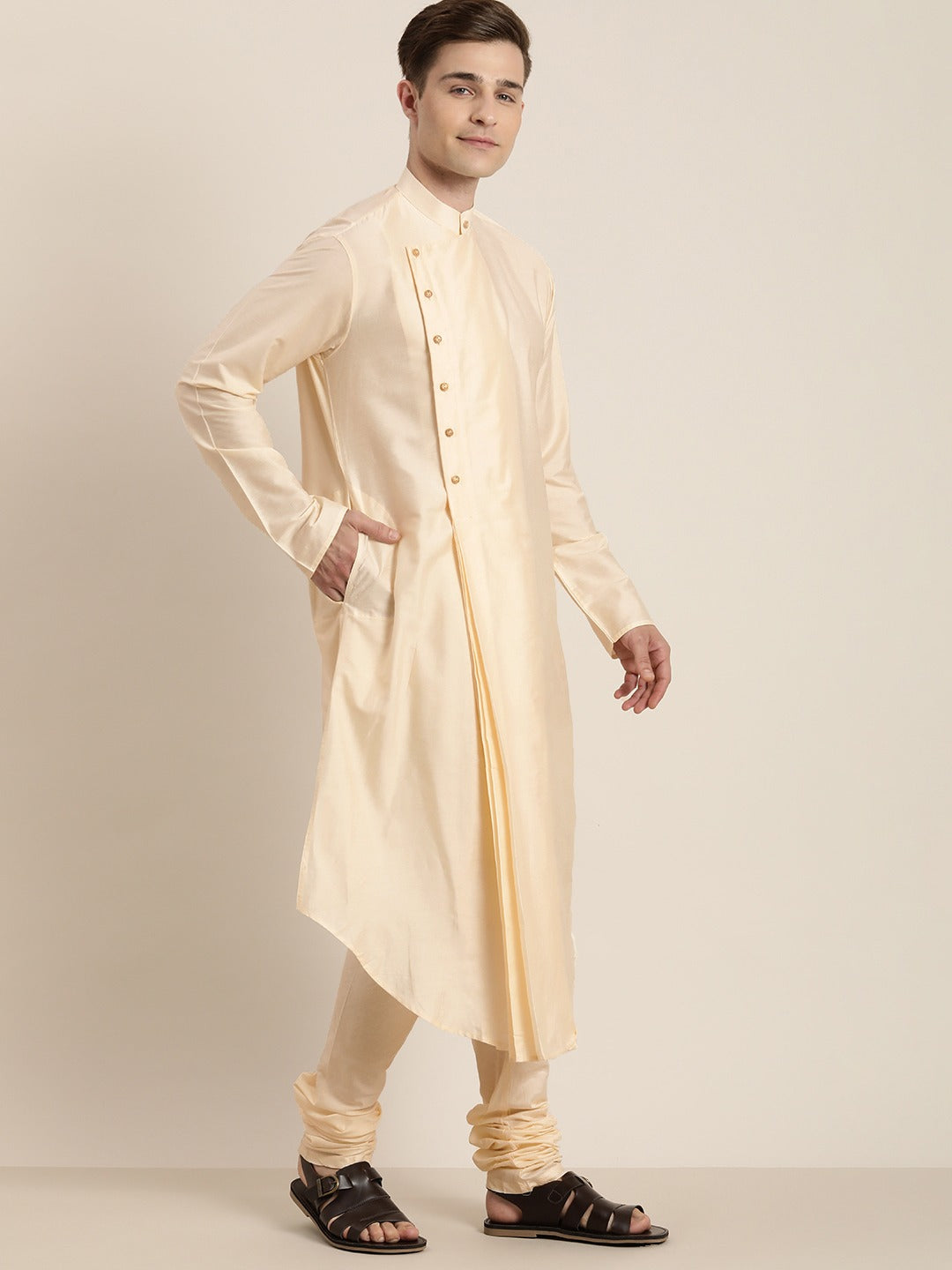 Sarvati Men's Cream Pleated Kurta With Churidar Set