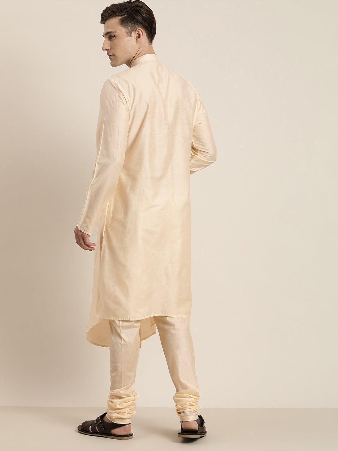 Sarvati Men's Cream Pleated Kurta With Churidar Set