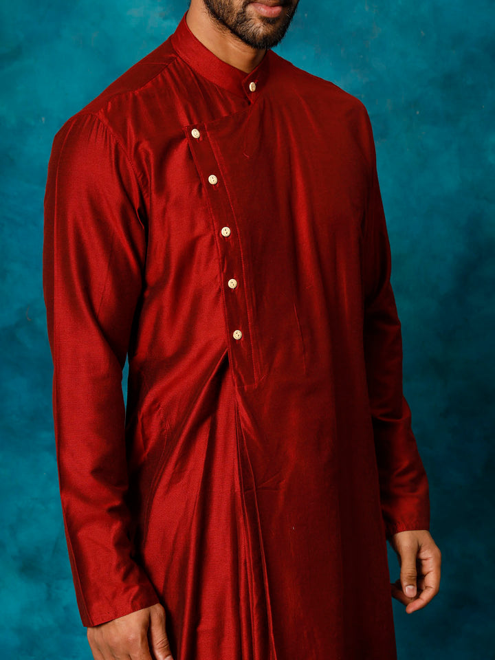 Men's Maroon Pleated Kurta
