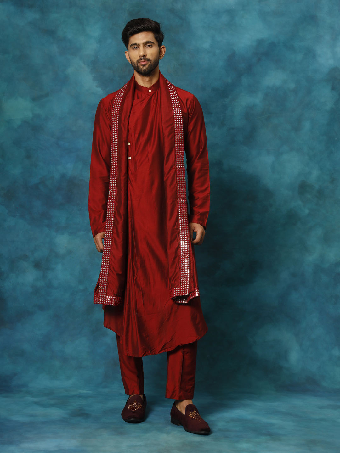 Sarvati Men's Maroon Pleated Kurta Pant With Dupatta Set