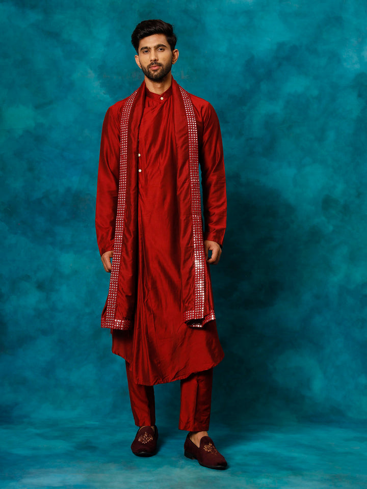 Sarvati Men's Maroon Pleated Kurta Pant With Dupatta Set