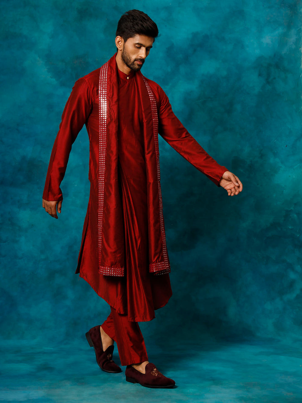 Sarvati Men's Maroon Pleated Kurta Pant With Dupatta Set