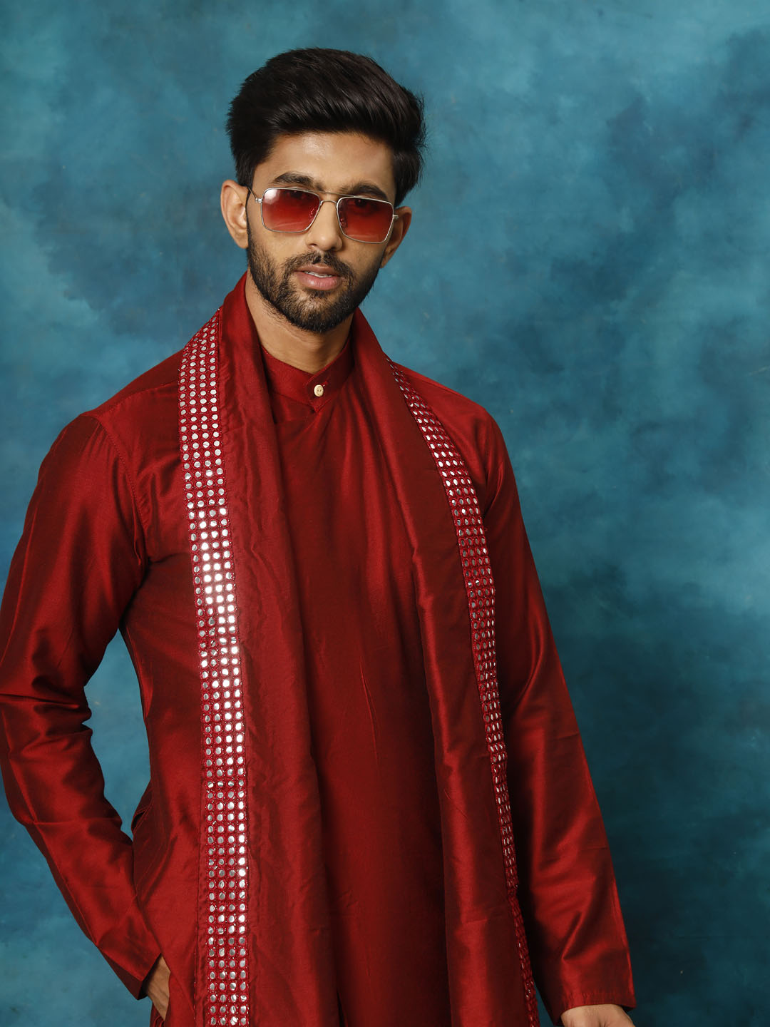 Sarvati Men's Maroon Pleated Kurta Pant With Dupatta Set