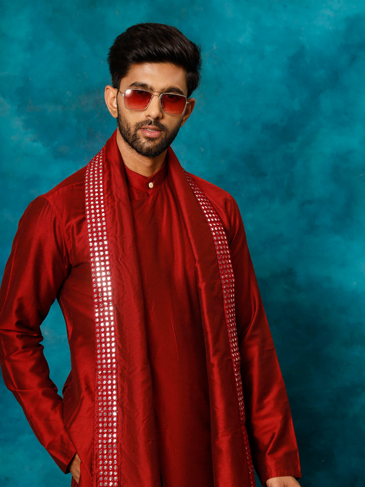 Sarvati Men's Maroon Pleated Kurta Pant With Dupatta Set