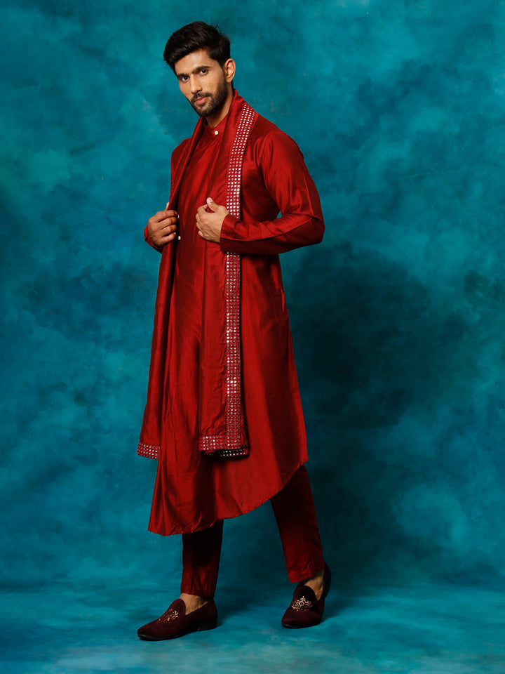 Sarvati Men's Maroon Pleated Kurta Pant With Dupatta Set