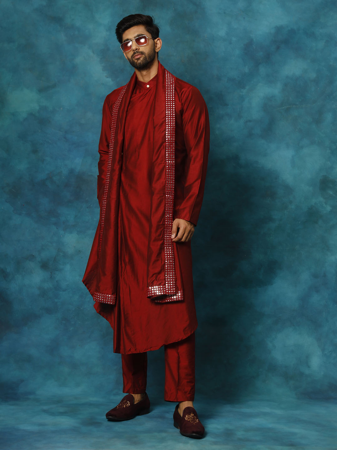 Sarvati Men's Maroon Pleated Kurta Pant With Dupatta Set