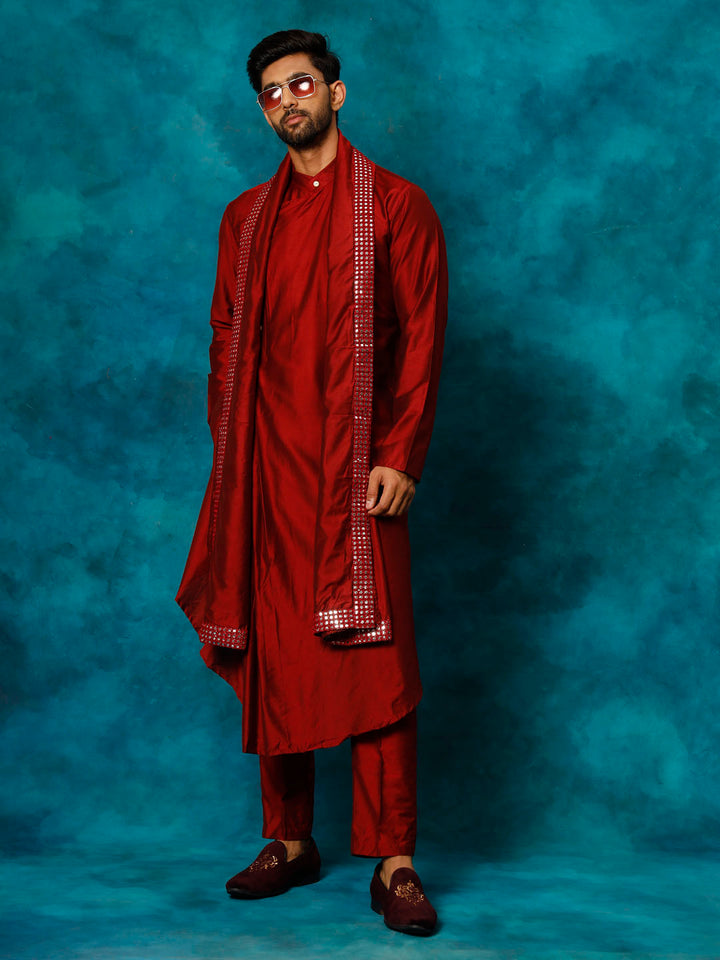 Sarvati Men's Maroon Pleated Kurta Pant With Dupatta Set