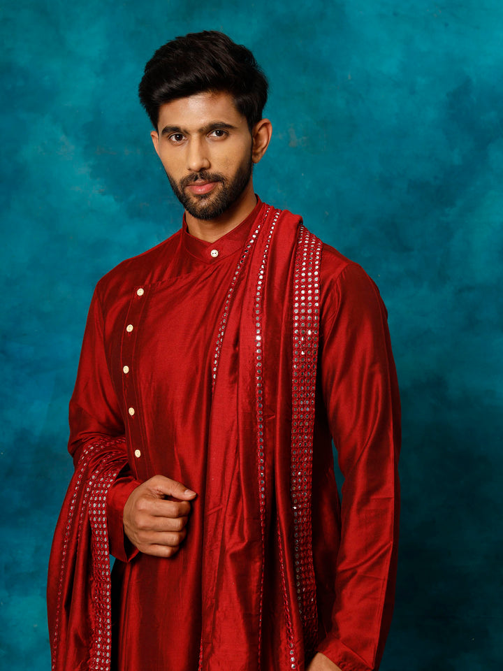 Sarvati Men's Maroon Pleated Kurta Pant With Dupatta Set