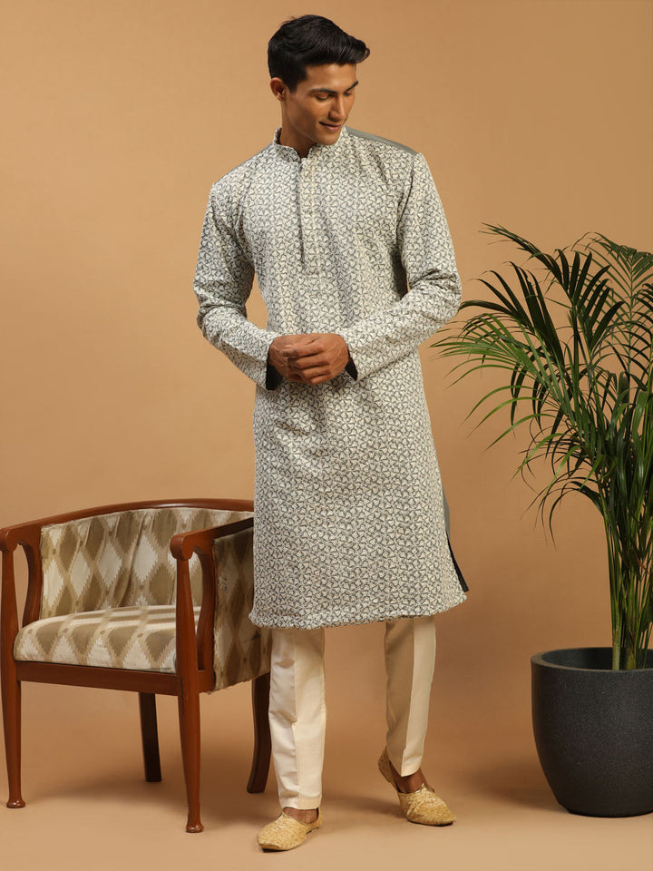 Sarvati Men's Grey Ethnic Chikankari Kurta Pant Set