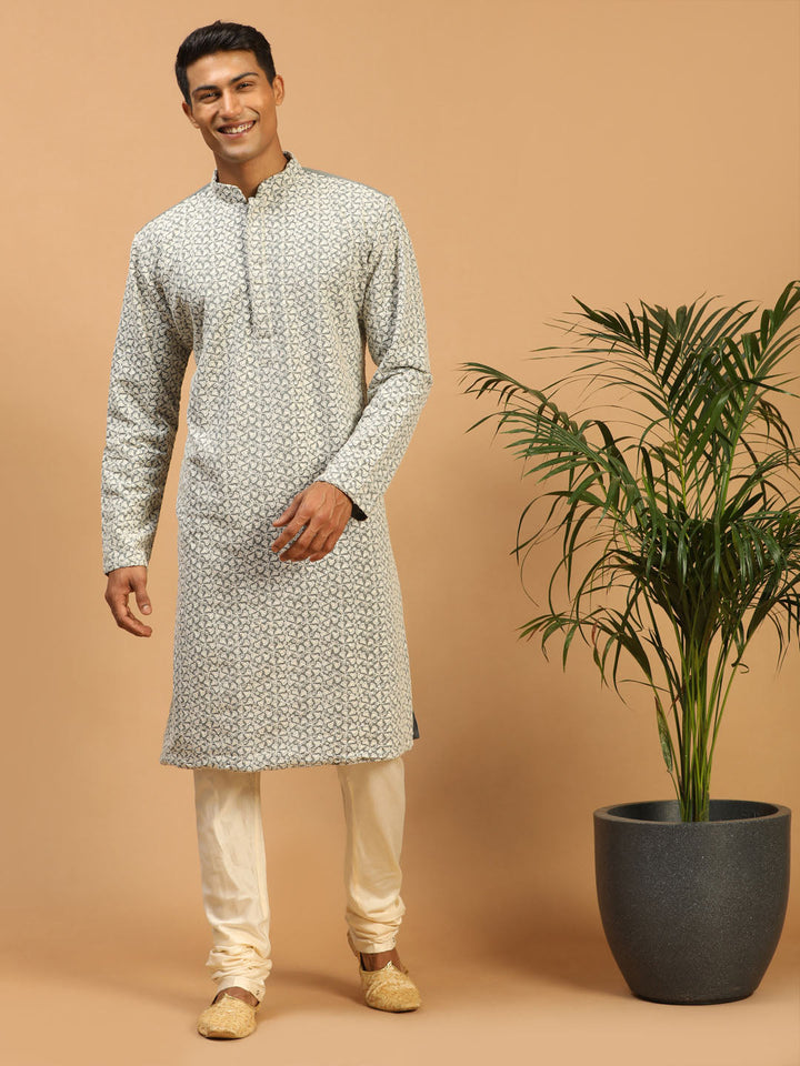 Sarvati Men's Grey Ethnic Chikankari Kurta Pyjama Set