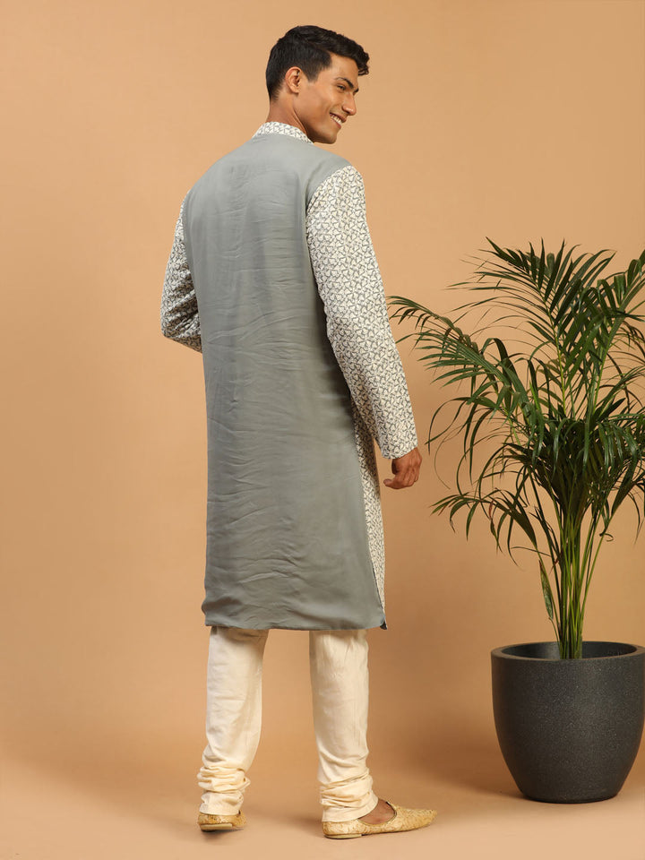 Sarvati Men's Grey Ethnic Chikankari Kurta Pyjama Set