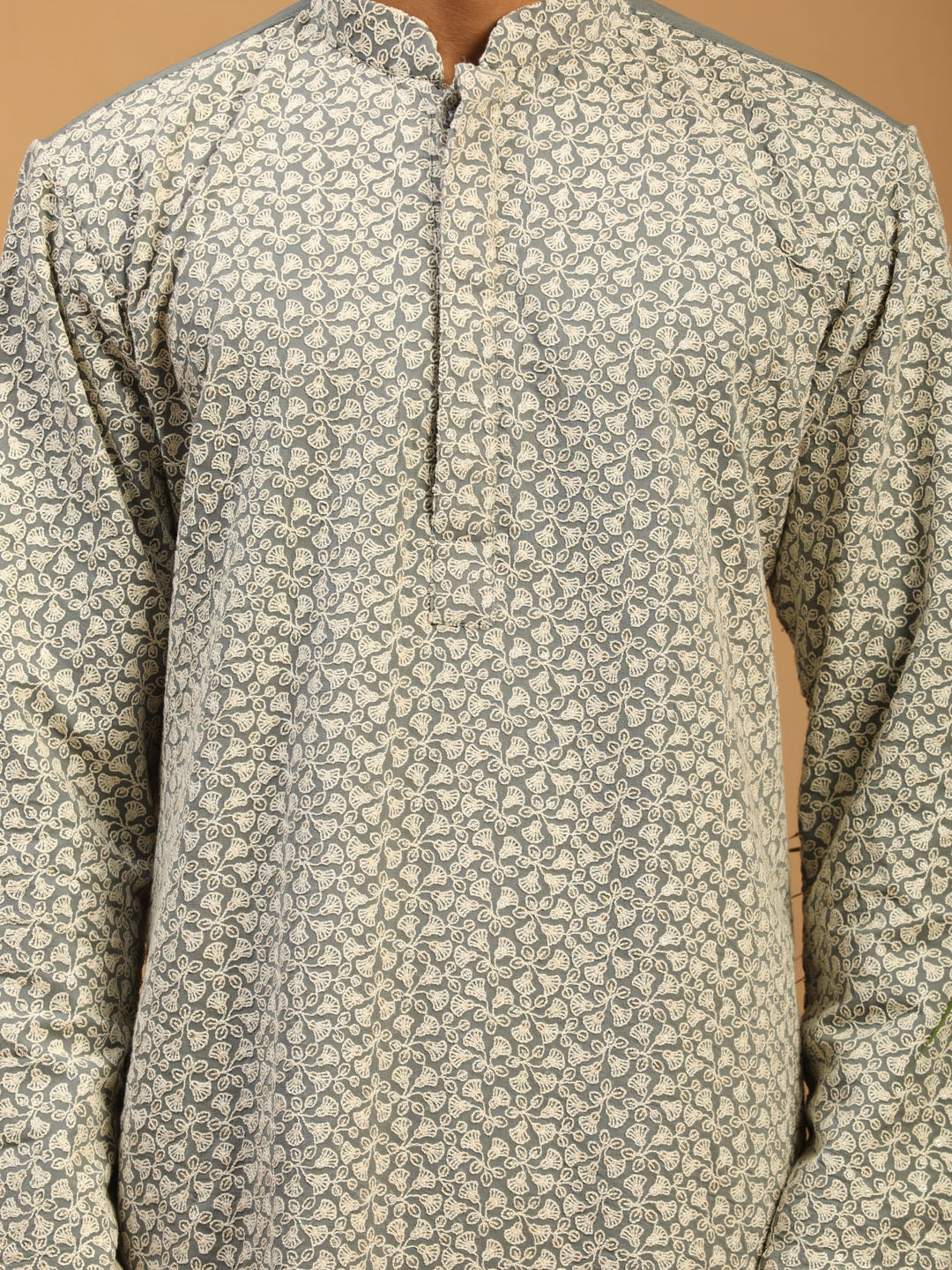 Sarvati Men's Grey Ethnic Chikankari Kurta Pyjama Set