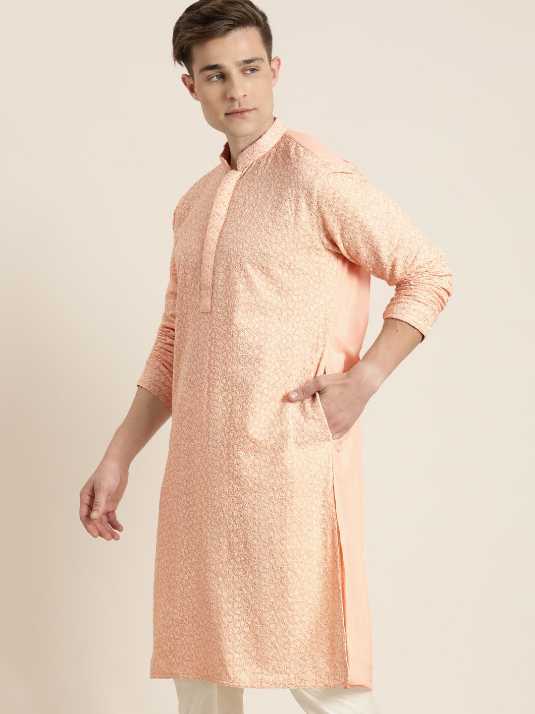 Sarvati Men's Pink Ethnic Chikankari Kurta