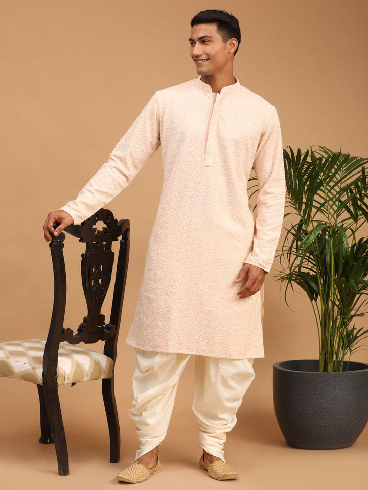 Sarvati Men's Pink Ethnic chikankari Kurta Dhoti set