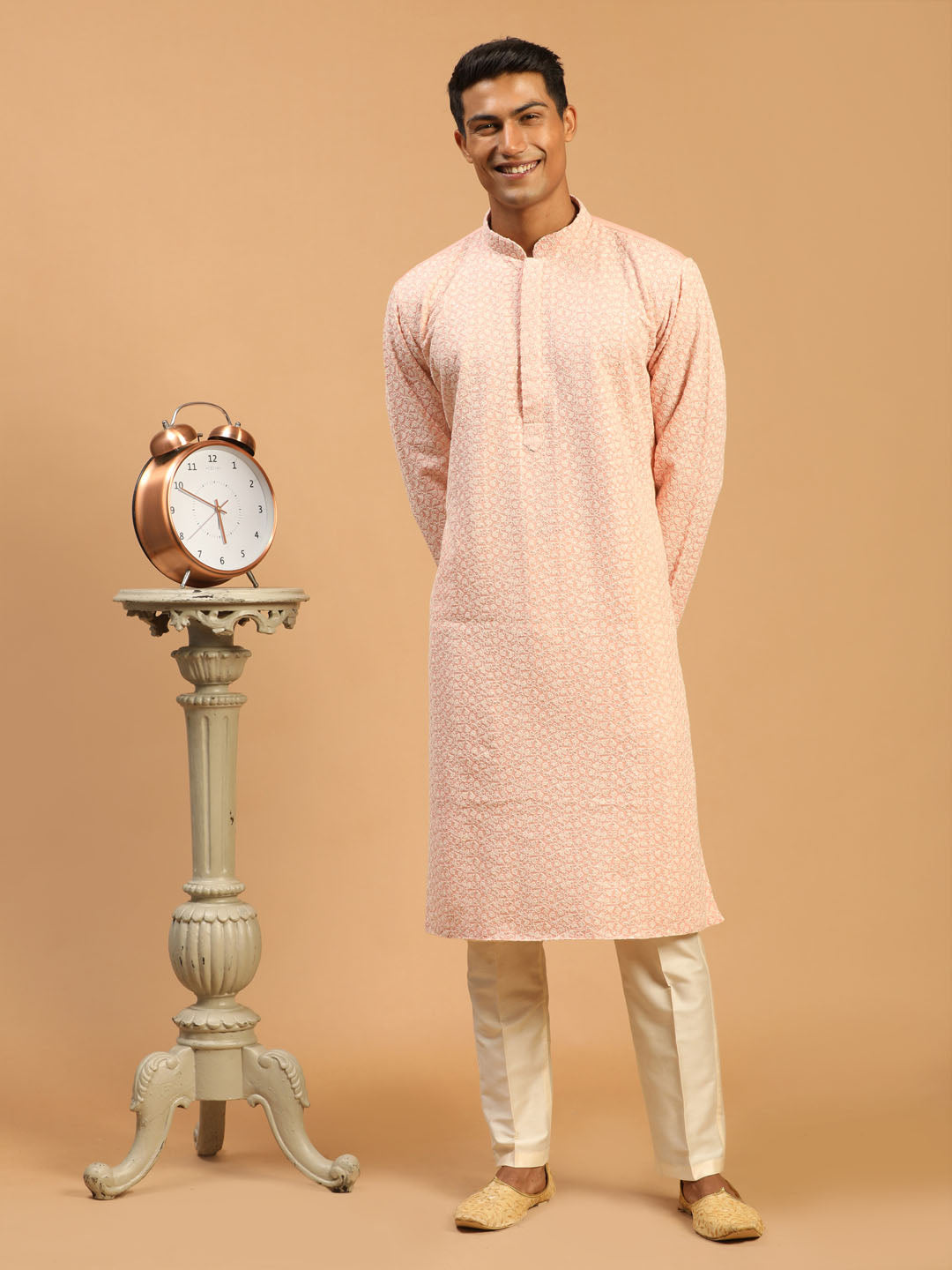 Sarvati Men's Pink Ethnic Chikankari Kurta pant Set