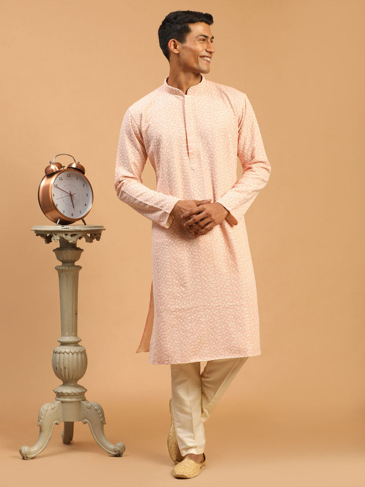 Sarvati Men's Pink Ethnic Chikankari Kurta pant Set