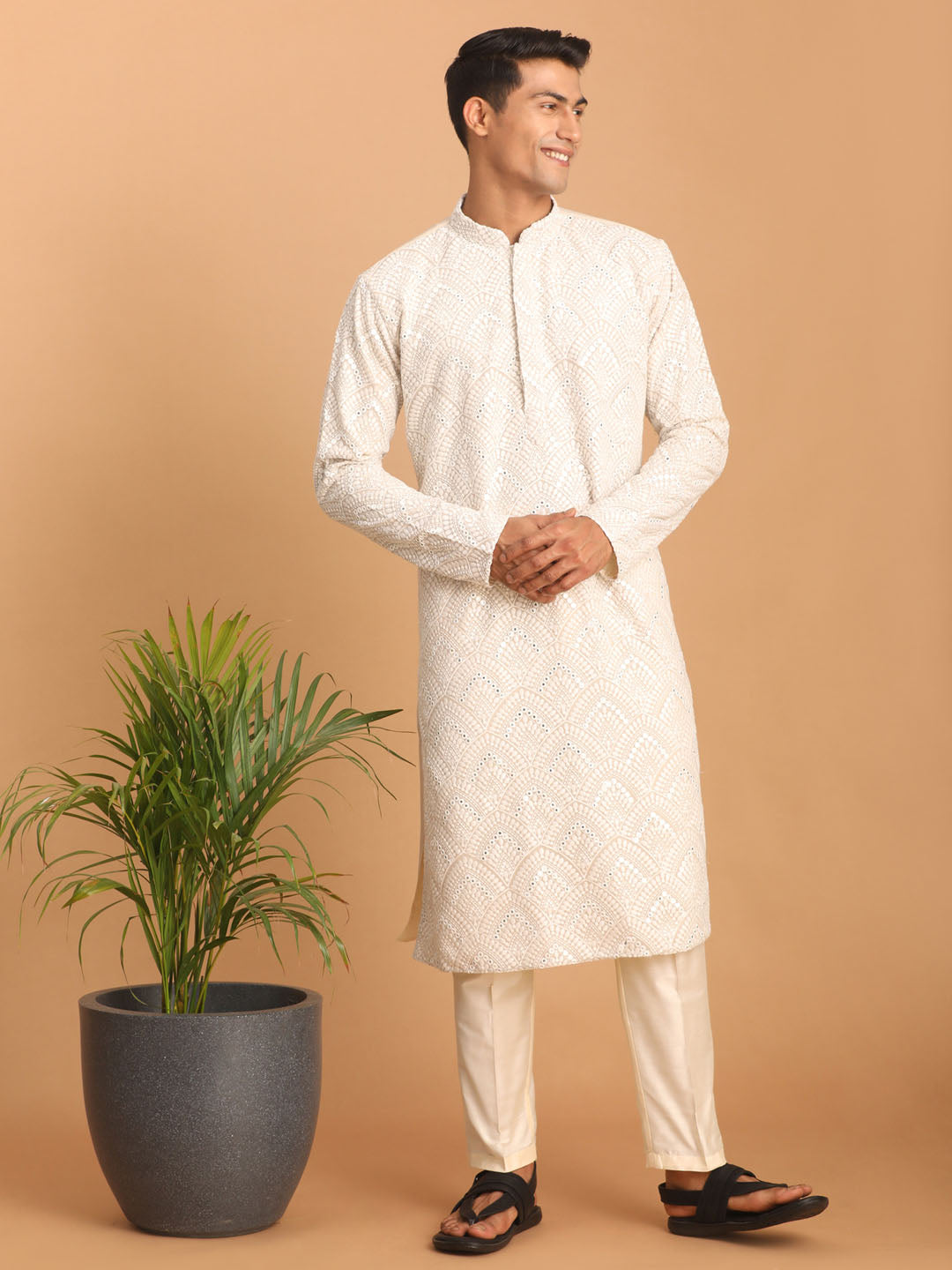 Sarvati Men's Grey Ethnic Mirror Kurta With Pant Set