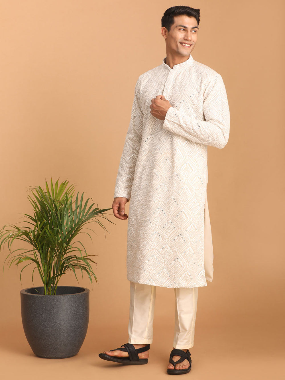 Sarvati Men's Grey Ethnic Mirror Kurta With Pant Set