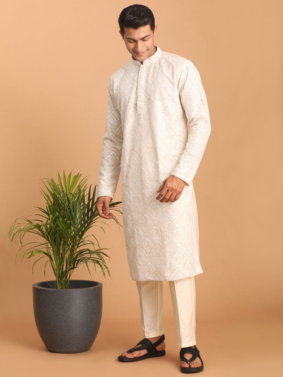 Sarvati Men's Grey Ethnic Mirror Kurta With Pant Set